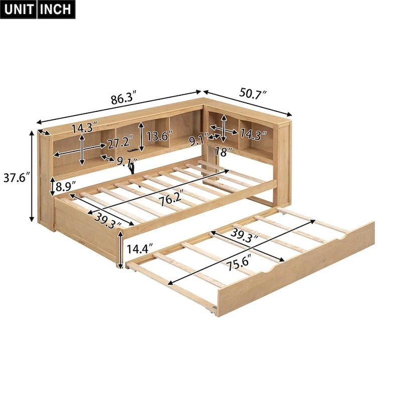 Cama nido individual con cama extraíble, armarios de almacenamiento y puertos USB