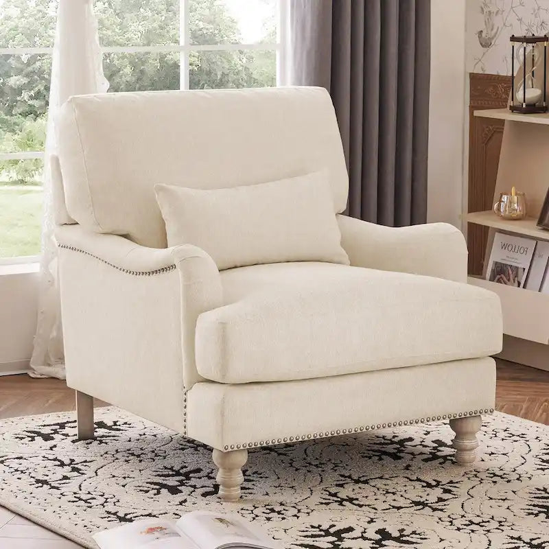 Sillón tapizado con cojín lumbar, estructura de madera maciza
