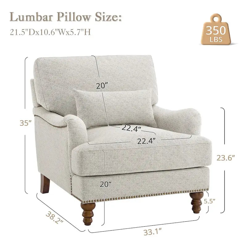 Sillón tapizado con cojín lumbar, estructura de madera maciza