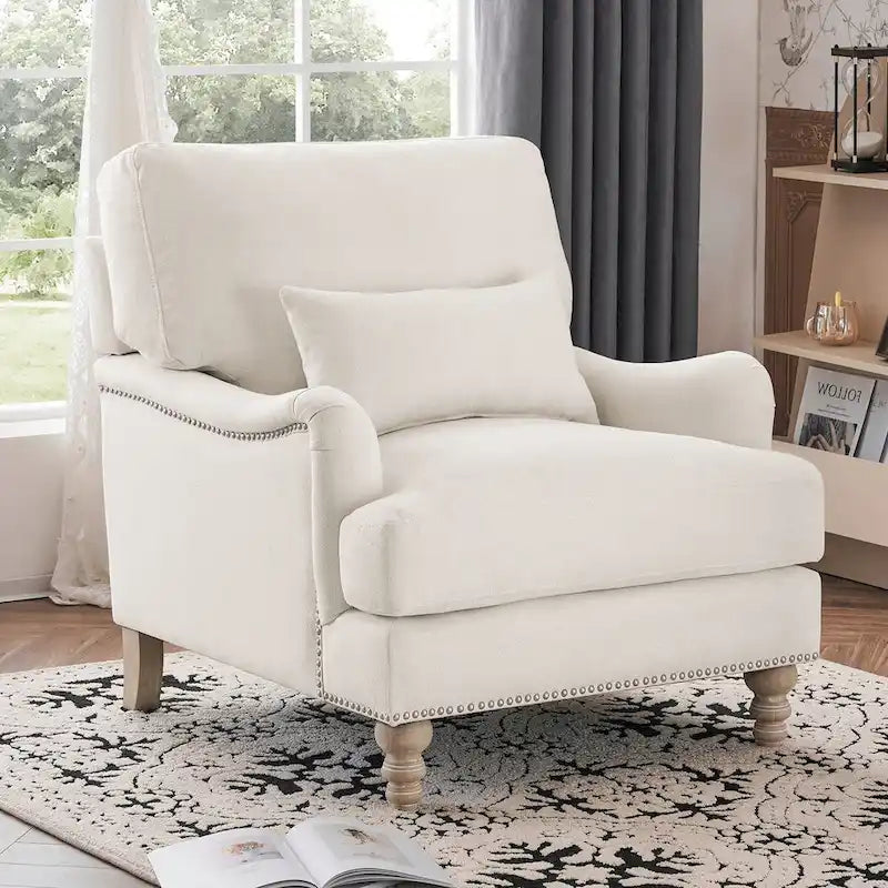 Sillón tapizado con cojín lumbar, estructura de madera maciza