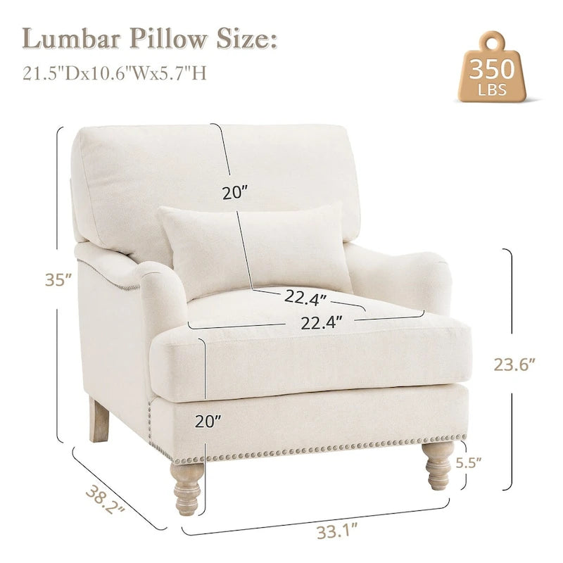 Sillón tapizado con cojín lumbar, estructura de madera maciza