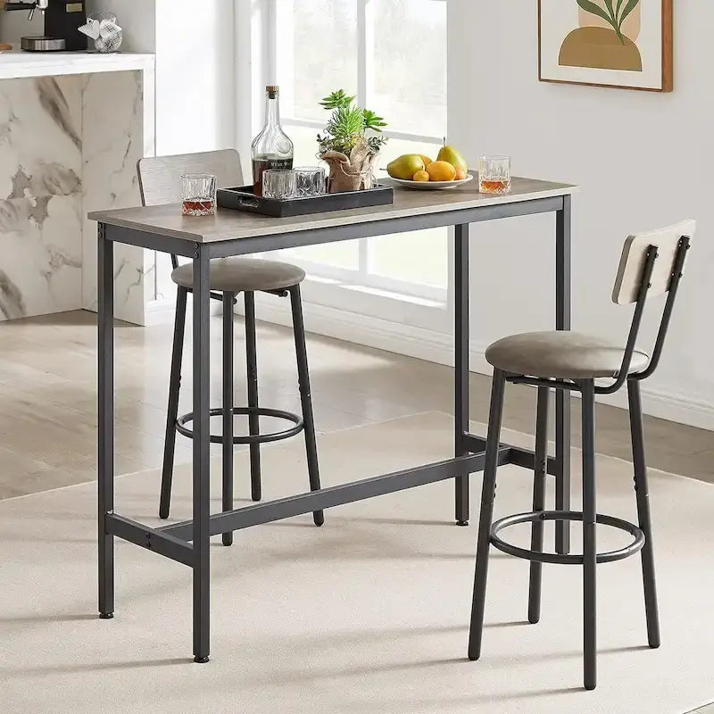 Juego de mesa de bar y 2 sillas de 3 piezas, taburetes de bar de estilo industrial con asiento tapizado en PU y respaldo
