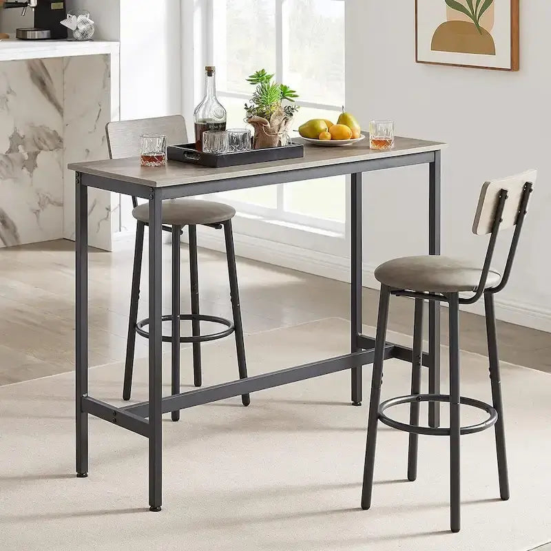 Juego de mesa de bar y 2 sillas de 3 piezas, taburetes de bar de estilo industrial con asiento tapizado en PU y respaldo