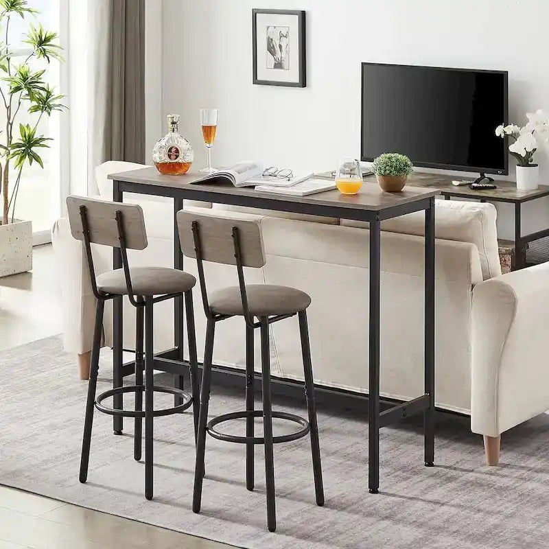 Juego de mesa de bar y 2 sillas de 3 piezas, taburetes de bar de estilo industrial con asiento tapizado en PU y respaldo