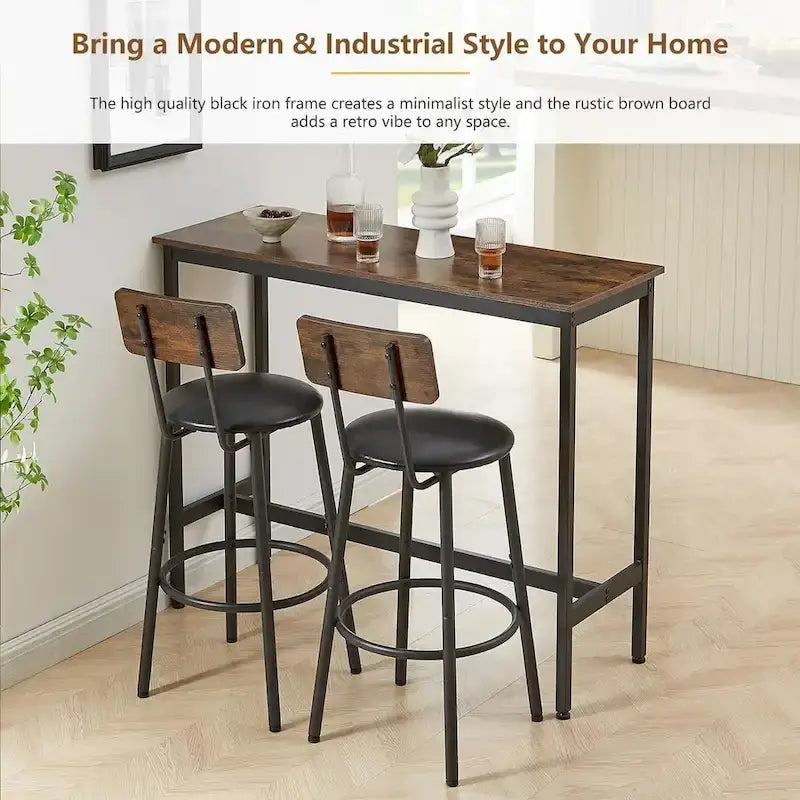 Juego de mesa de bar y 2 sillas de 3 piezas, taburetes de bar de estilo industrial con asiento tapizado en PU y respaldo