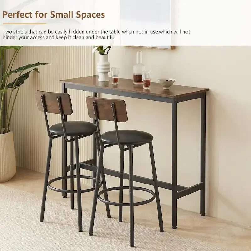 Juego de mesa de bar y 2 sillas de 3 piezas, taburetes de bar de estilo industrial con asiento tapizado en PU y respaldo