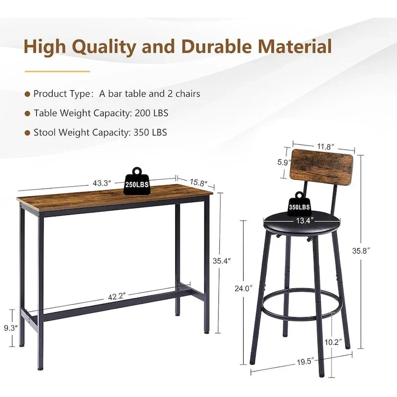 Juego de mesa de bar y 2 sillas de 3 piezas, taburetes de bar de estilo industrial con asiento tapizado en PU y respaldo