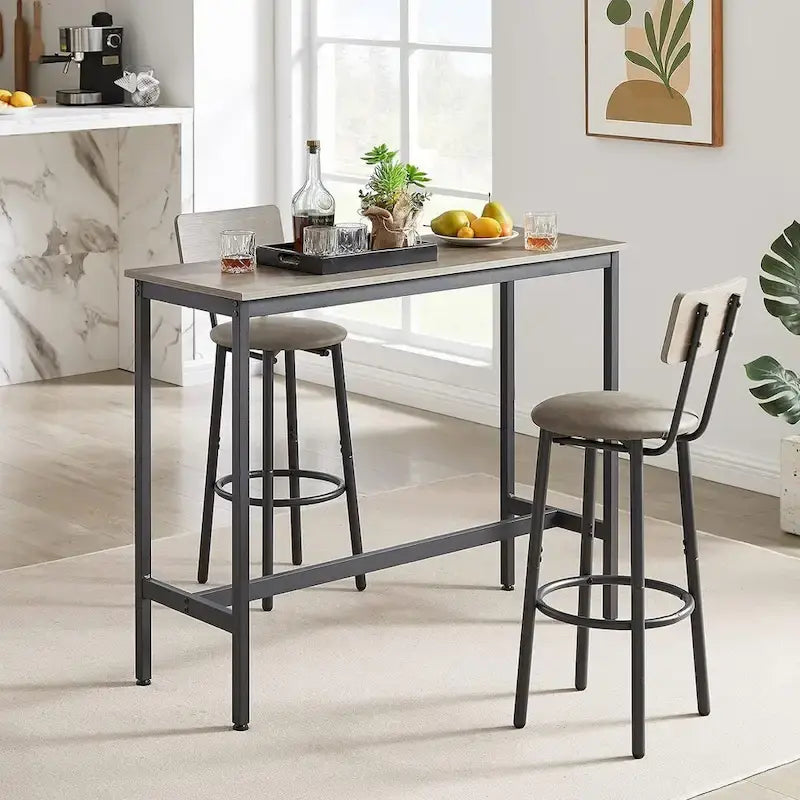 Juego de mesa de bar y 2 sillas de 3 piezas, taburetes de bar de estilo industrial con asiento tapizado en PU y respaldo