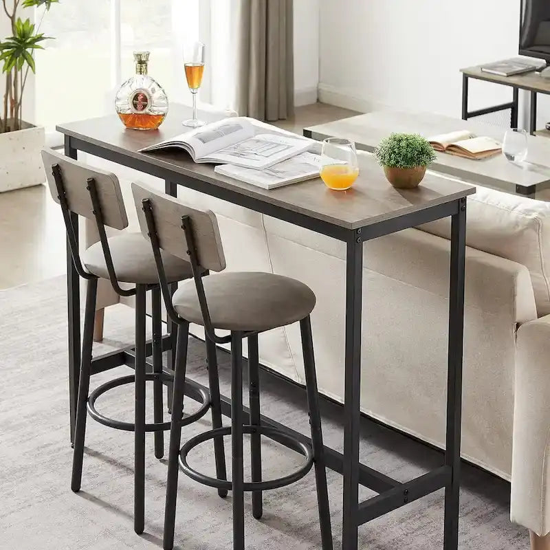 Juego de mesa de bar y 2 sillas de 3 piezas, taburetes de bar de estilo industrial con asiento tapizado en PU y respaldo
