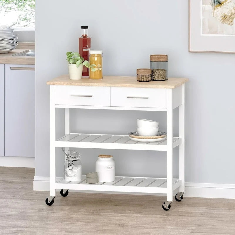 Carro de cocina moderno con 2 cajones, 2 estantes y ruedas con freno