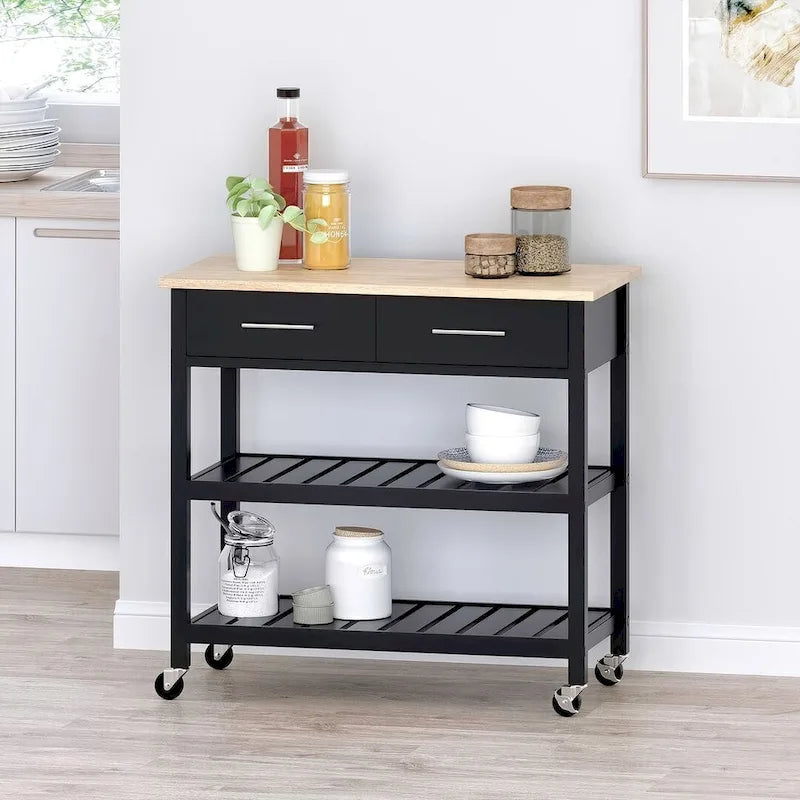 Carro de cocina moderno con 2 cajones, 2 estantes y ruedas con freno