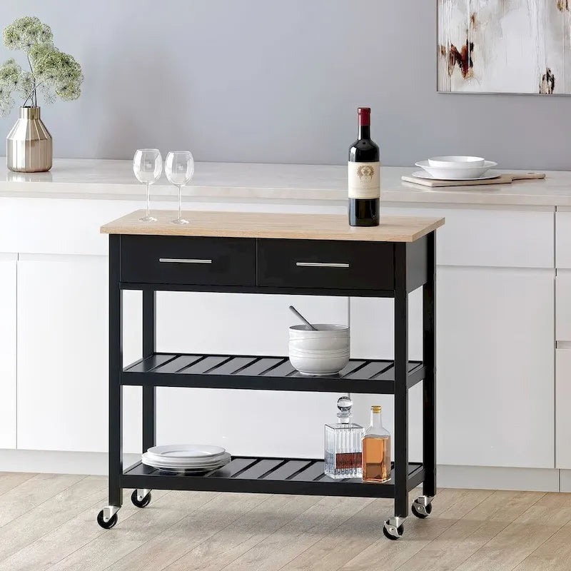 Carro de cocina moderno con 2 cajones, 2 estantes y ruedas con freno
