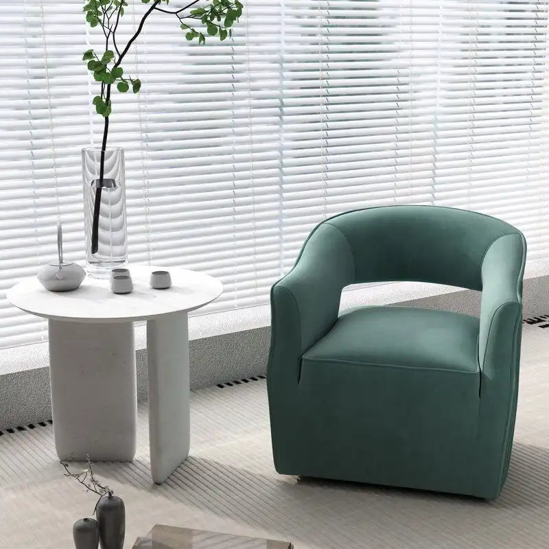Sillón giratorio decorativo de terciopelo con respaldo abierto y base metálica