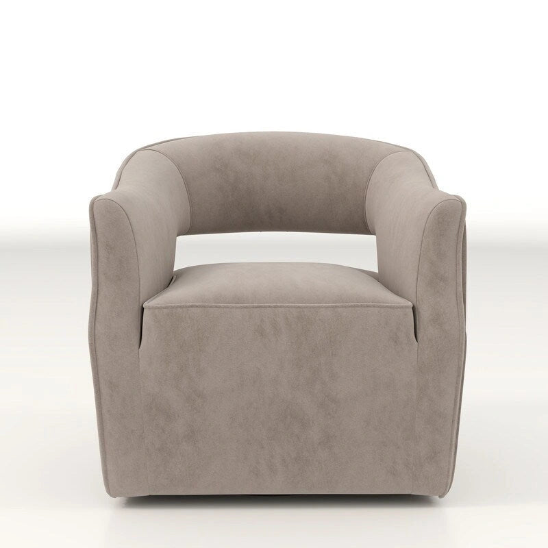 Sillón giratorio decorativo de terciopelo con respaldo abierto y base metálica