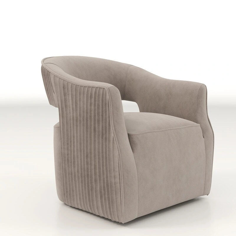 Sillón giratorio decorativo de terciopelo con respaldo abierto y base metálica