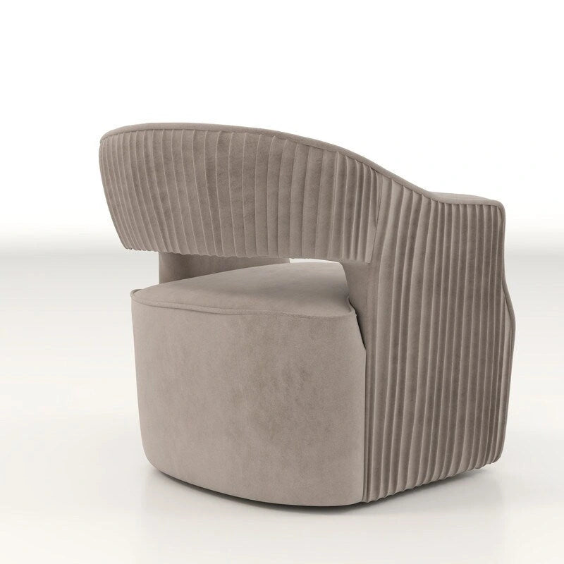 Sillón giratorio decorativo de terciopelo con respaldo abierto y base metálica