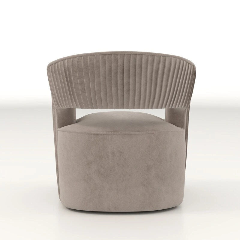 Sillón giratorio decorativo de terciopelo con respaldo abierto y base metálica