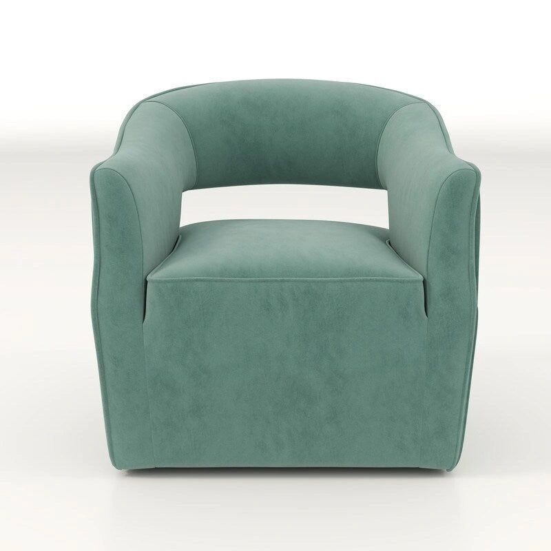 Sillón giratorio decorativo de terciopelo con respaldo abierto y base metálica