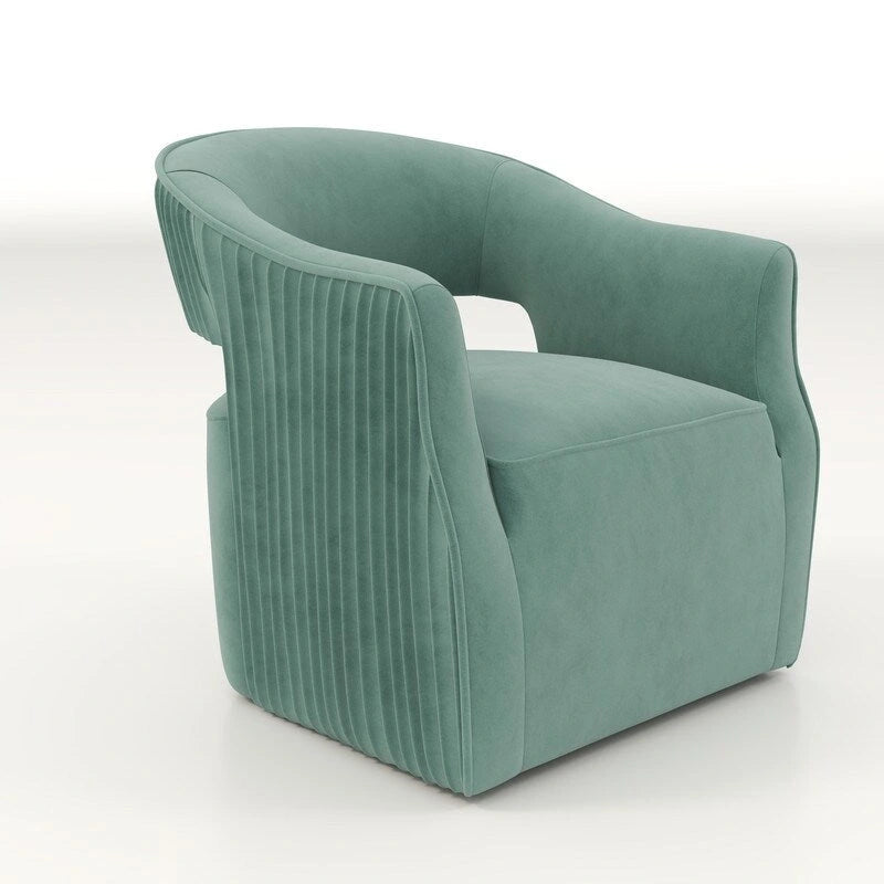 Sillón giratorio decorativo de terciopelo con respaldo abierto y base metálica