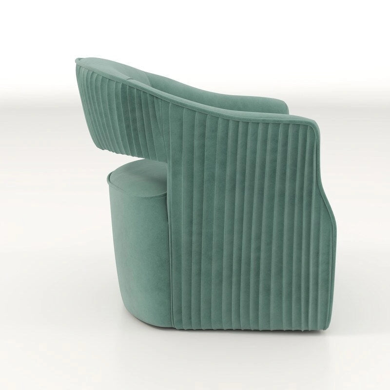 Sillón giratorio decorativo de terciopelo con respaldo abierto y base metálica