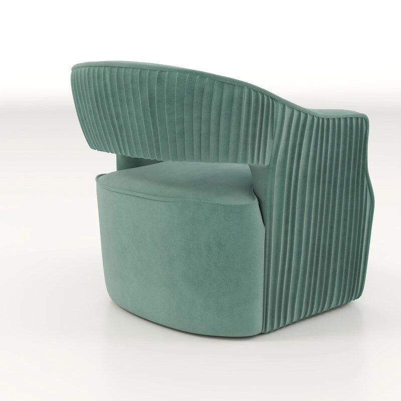 Sillón giratorio decorativo de terciopelo con respaldo abierto y base metálica