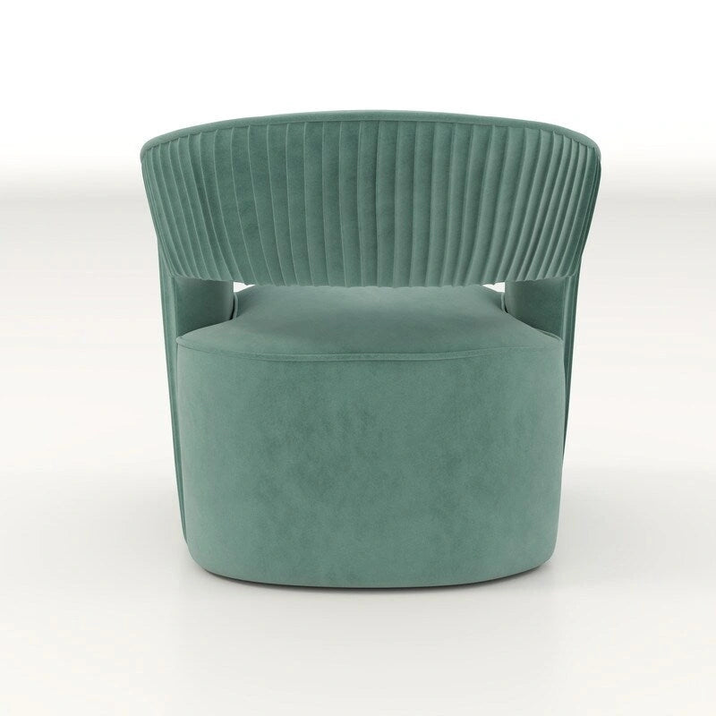 Sillón giratorio decorativo de terciopelo con respaldo abierto y base metálica