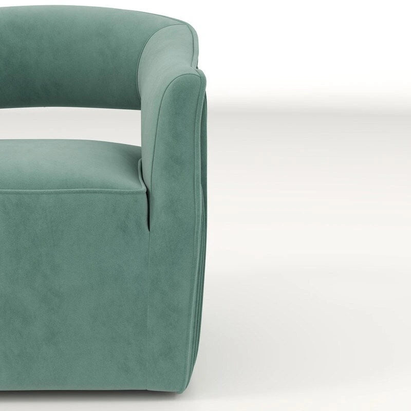 Sillón giratorio decorativo de terciopelo con respaldo abierto y base metálica