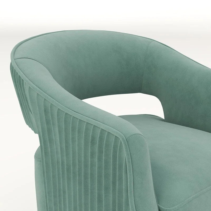 Sillón giratorio decorativo de terciopelo con respaldo abierto y base metálica