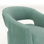 Sillón giratorio decorativo de terciopelo con respaldo abierto y base metálica