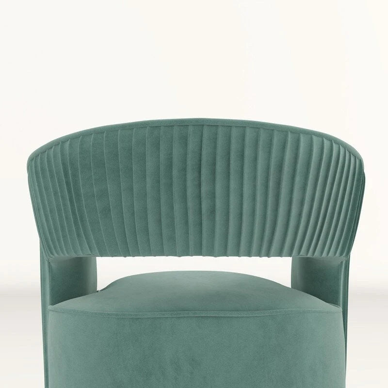 Sillón giratorio decorativo de terciopelo con respaldo abierto y base metálica