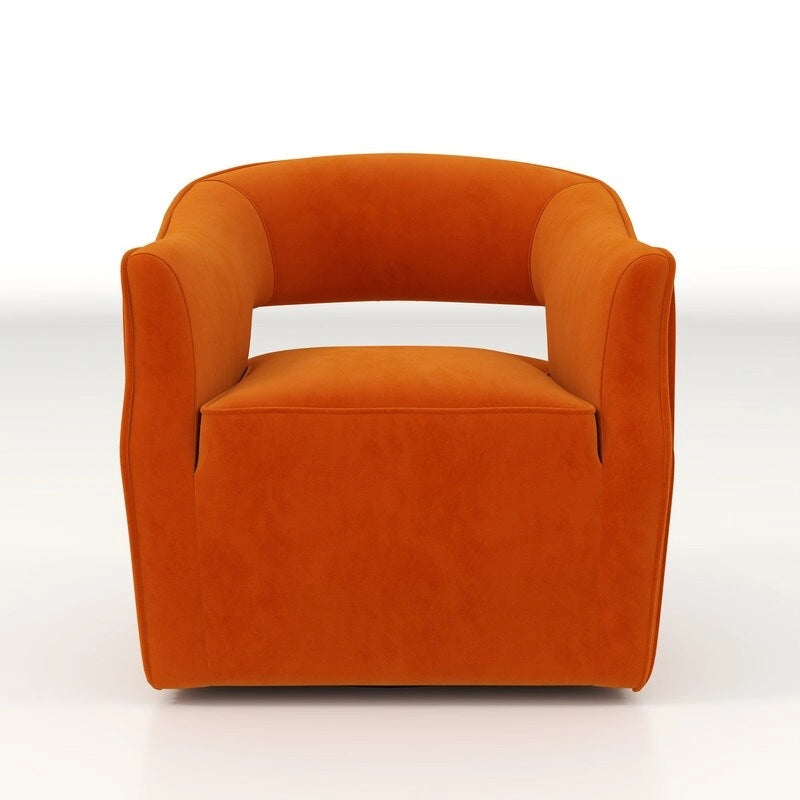 Sillón giratorio decorativo de terciopelo con respaldo abierto y base metálica