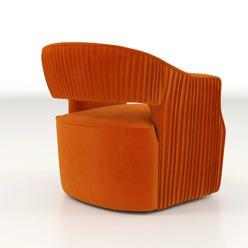 Sillón giratorio decorativo de terciopelo con respaldo abierto y base metálica
