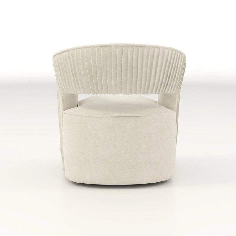 Sillón giratorio decorativo de terciopelo con respaldo abierto y base metálica