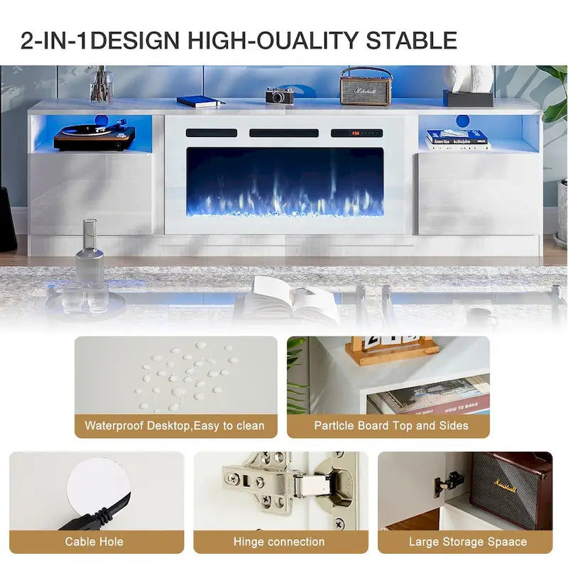 Mueble para TV de 80" con chimenea eléctrica insertable de 36" – Blanco