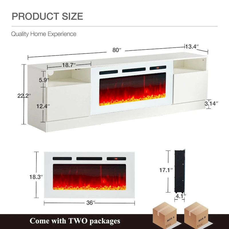 Mueble para TV de 80" con chimenea eléctrica insertable de 36" – Blanco