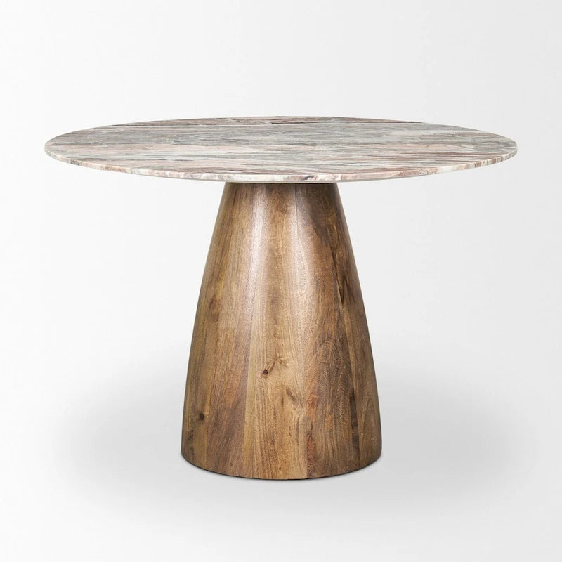 Mesa de comedor redonda con pedestal, tapa de mármol y base de madera – 42"
