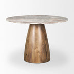 Mesa de comedor redonda con pedestal, tapa de mármol y base de madera – 42"