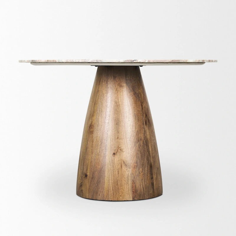 Mesa de comedor redonda con pedestal, tapa de mármol y base de madera – 42"