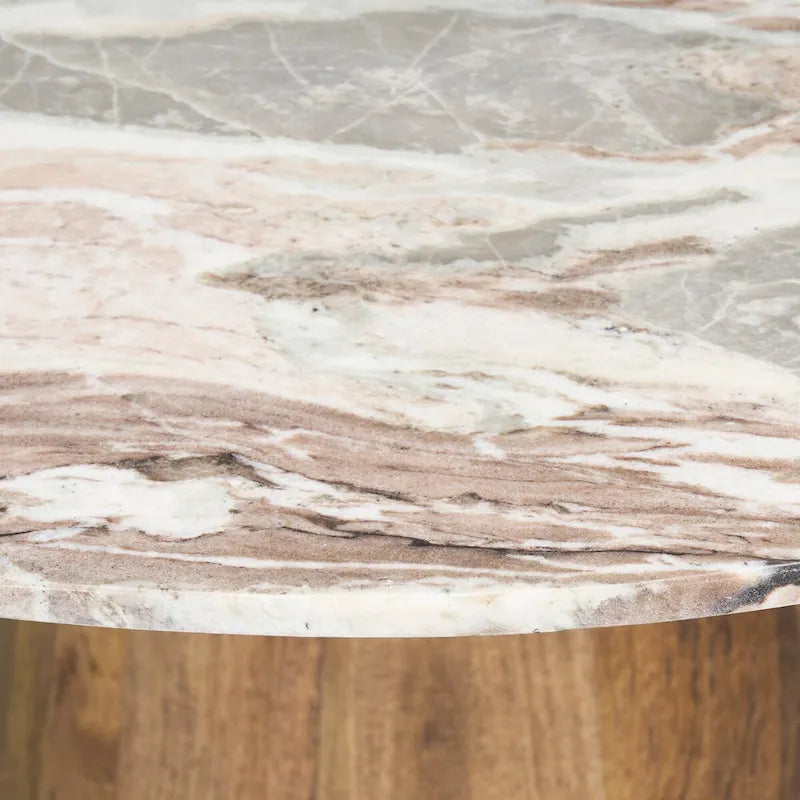 Mesa de comedor redonda con pedestal, tapa de mármol y base de madera – 42"