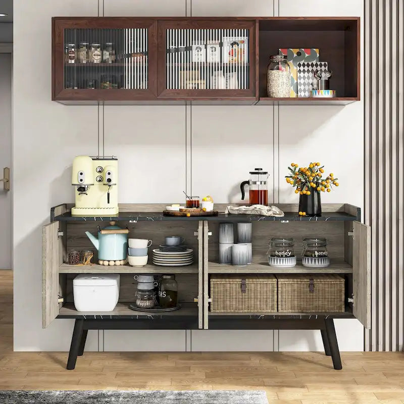 Aparador de cocina de 55 pulgadas, mesa de buffet, barra de café con almacenamiento y puertas para comedor, sala de estar, entrada