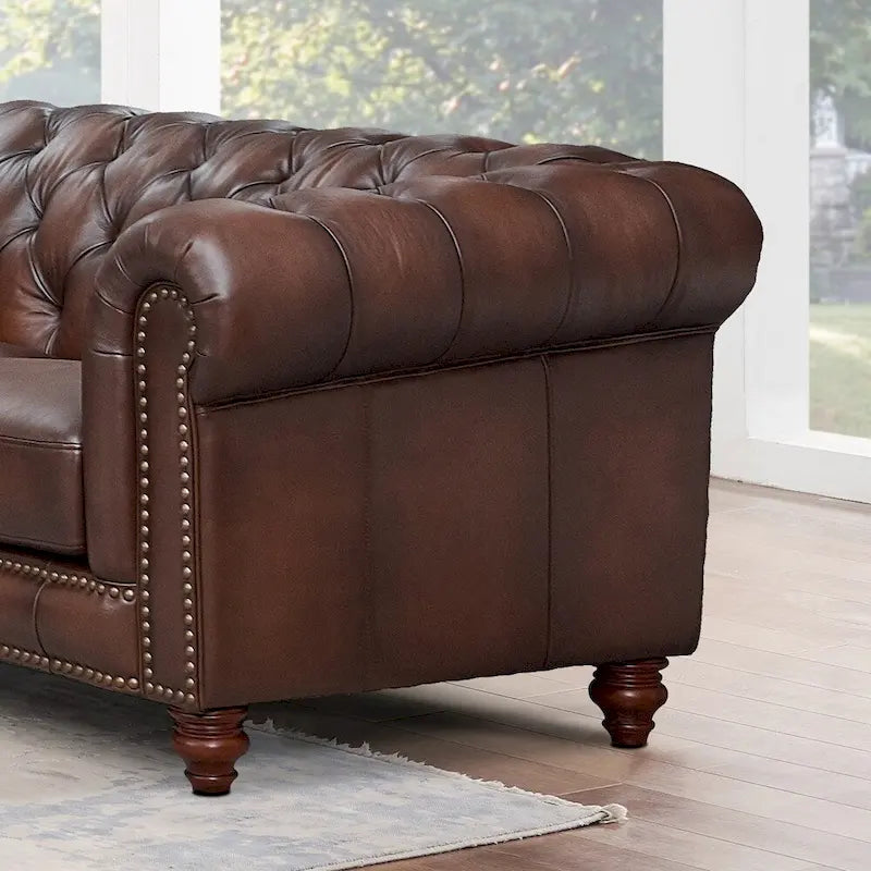 Sofá Chesterfield de cuero flor con capitoné de rombos