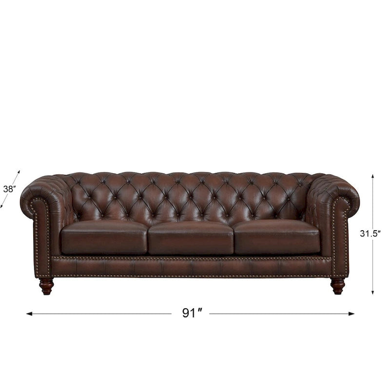 Sofá Chesterfield de cuero flor con capitoné de rombos